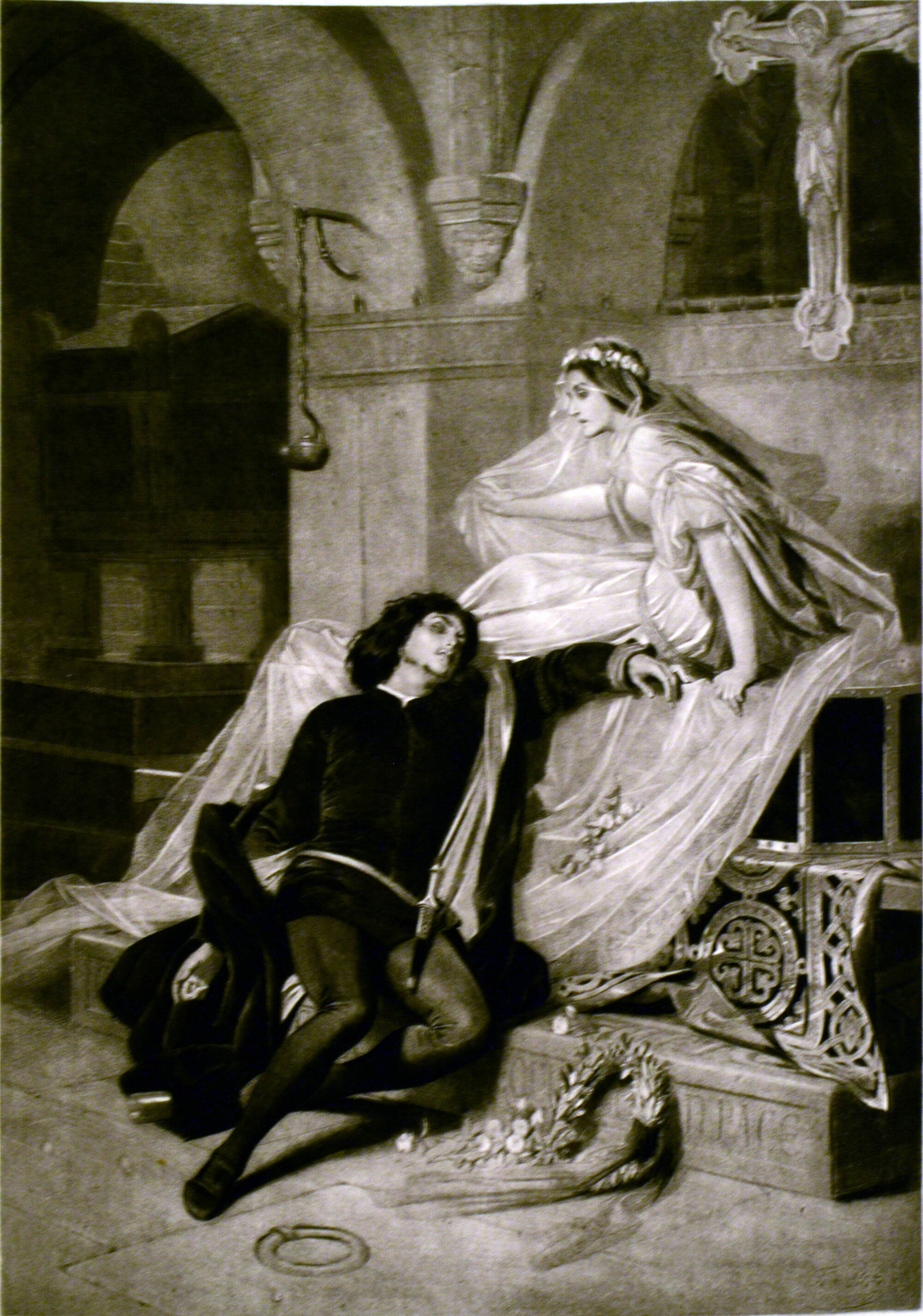 Black and white print of a woman sitting on a platform in a flowing dress. A man lays sprawled at her feet.